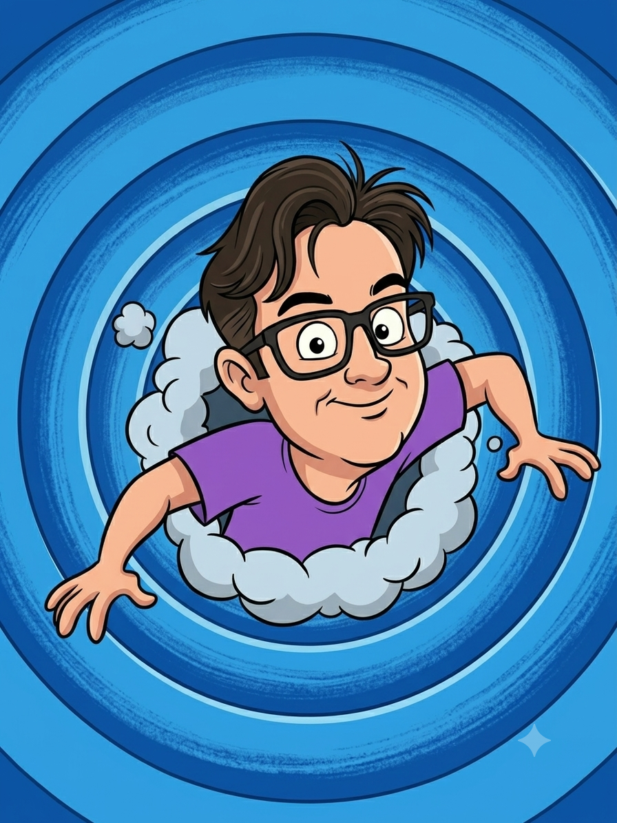 Cartoon portrait of Jeff bursting through a cloud