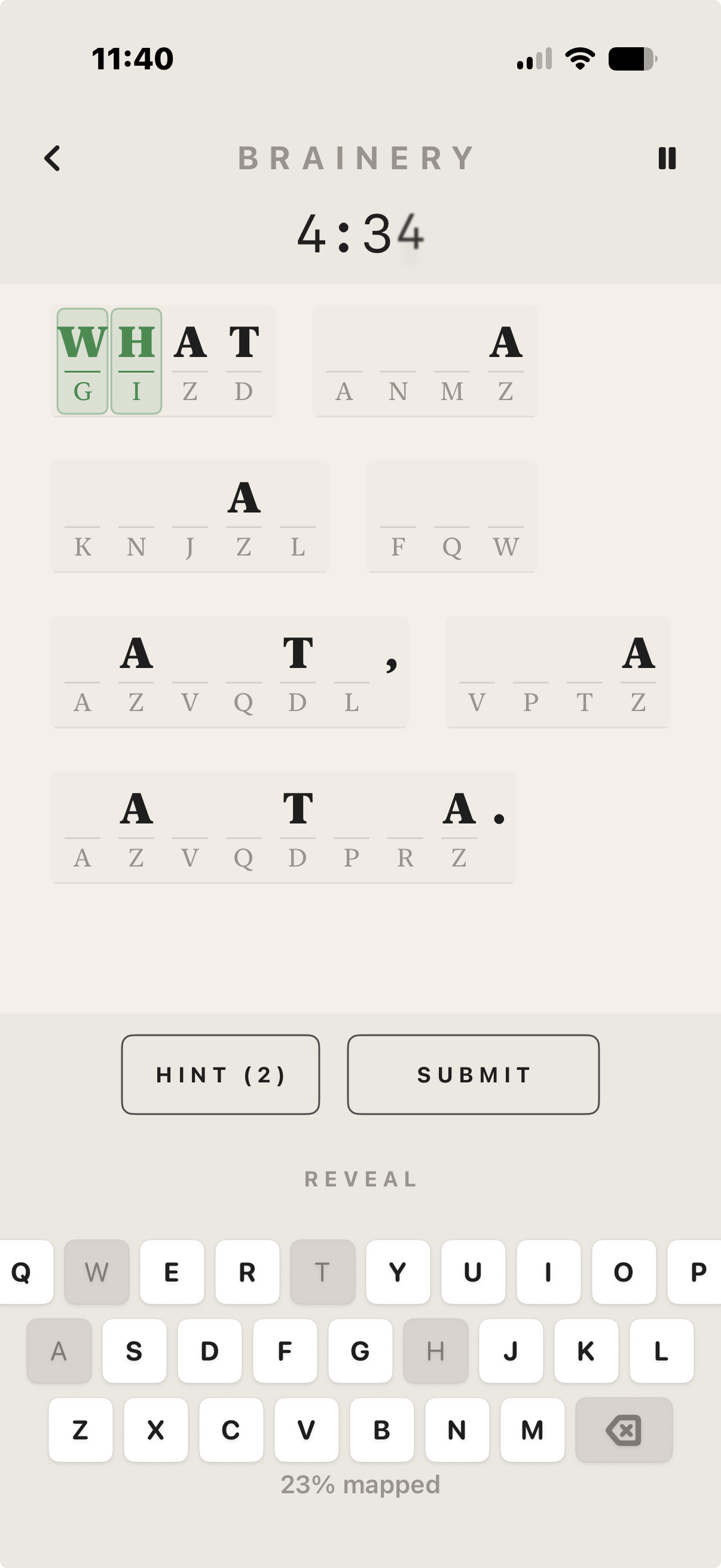 Brainery gameplay — a cryptogram puzzle mid-solve with a letter-mapping keyboard