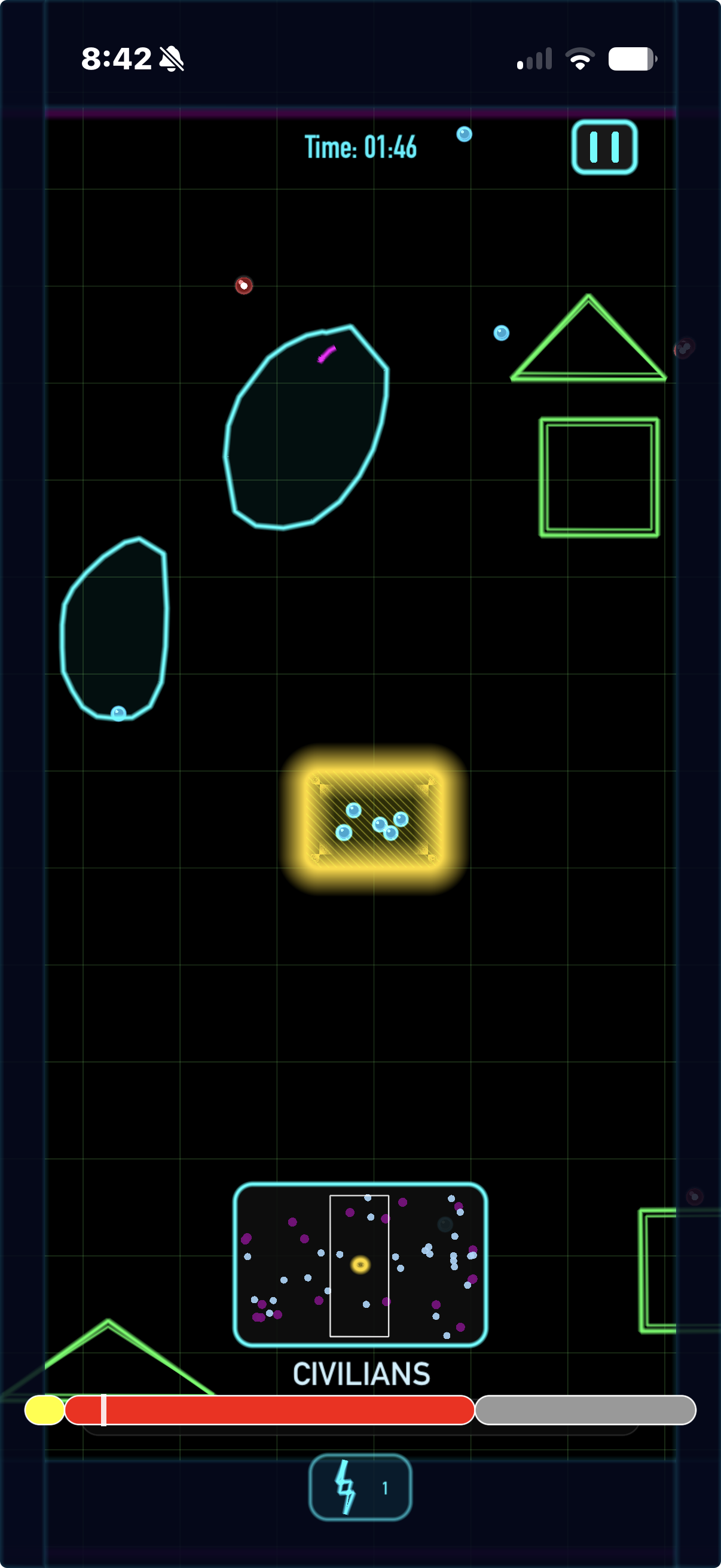 Containment Realm gameplay — a neon perimeter drawn around escaped prisoners on a dark grid, with a timer and shield meter