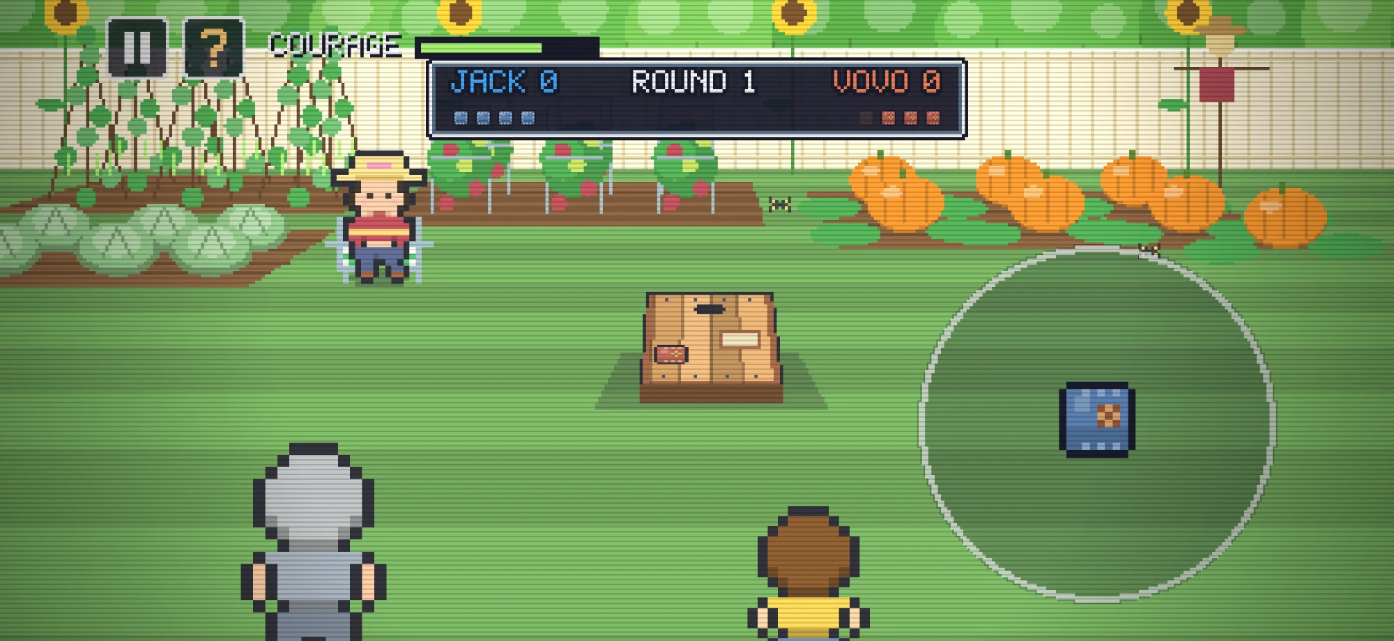 Cornhole Kings 1988 gameplay — a pixel-art backyard garden with a cornhole board, an opponent in a straw hat, and a score banner