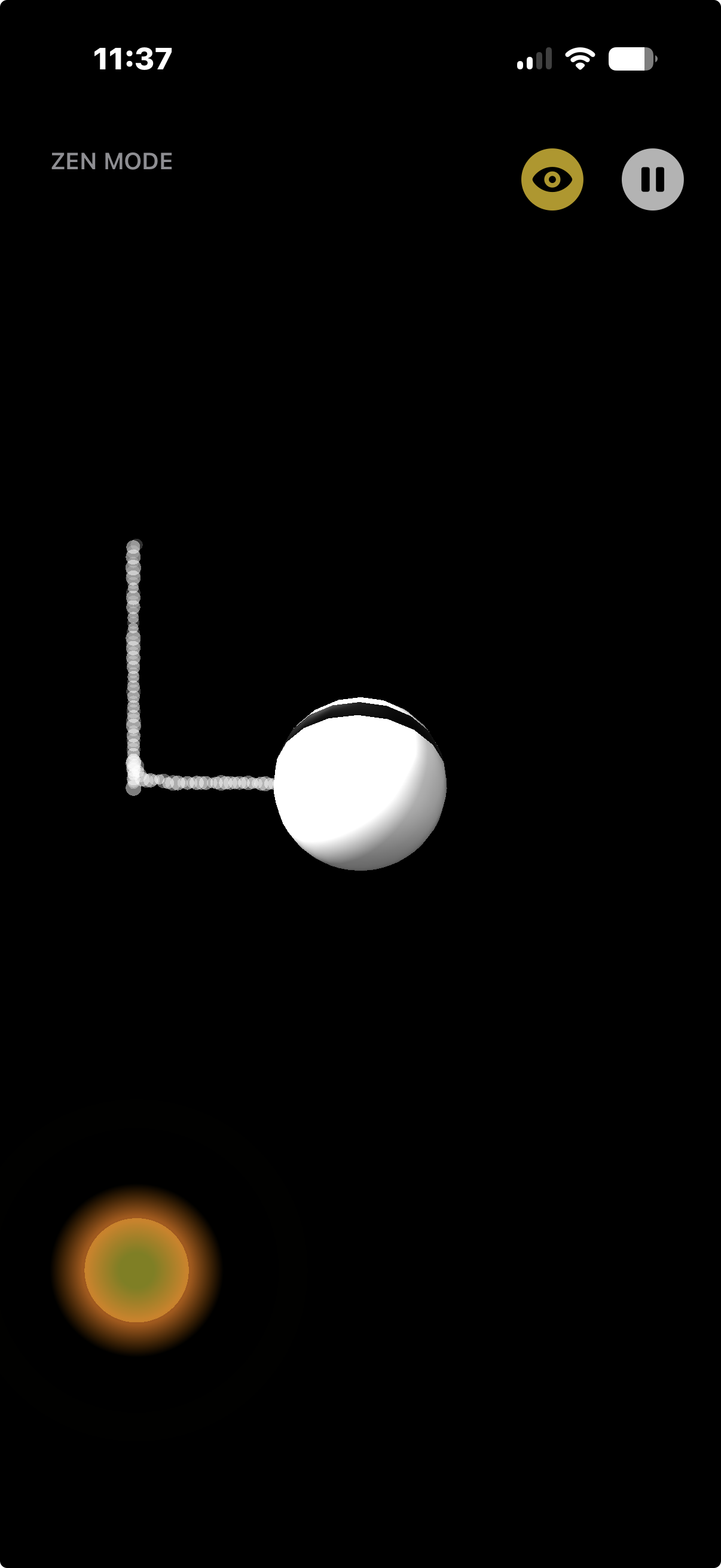 Haptic Maze gameplay — a glowing white marble navigating a dark maze in Zen Mode