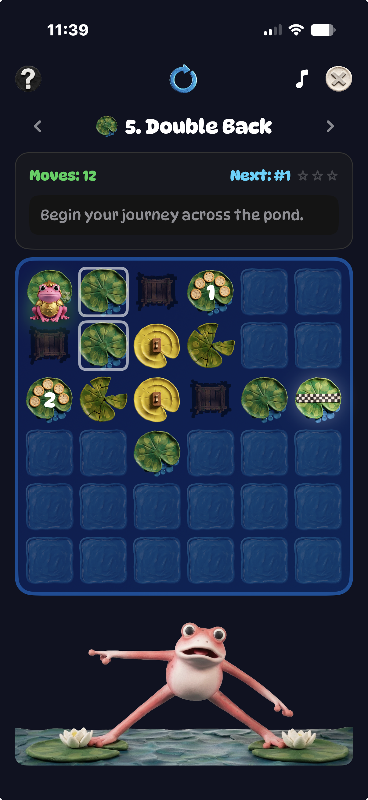LilyPad Legend gameplay — a tile-based pond puzzle grid with a crowned frog, switches, and numbered goal pads